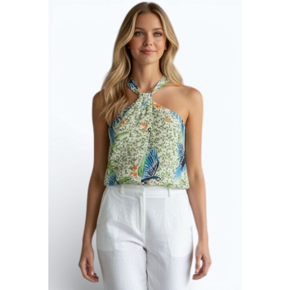 NWT Alex Marie Harper Tank Top Emerald Shores Bird Print Halter Blouse Size XL